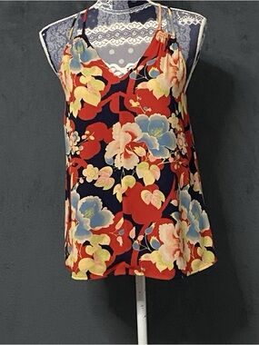 LOFT Navy and Red Floral Spaghetti Strap Camisole